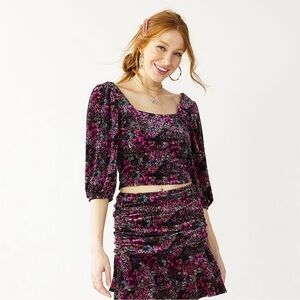 Floral Velvet Puff Sleeve Top and Ruched Skirt Set